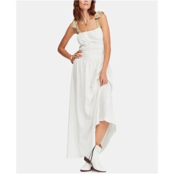 Free People Santorini Ecru Linen Maxi Dress with Ribbon Tie Straps 45097 - Picture 2 of 13